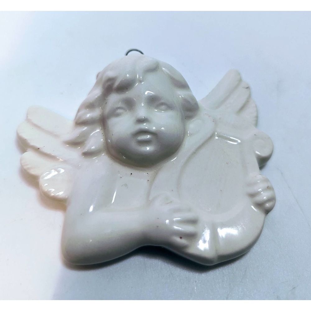 Vintage Porcelain Christmas Angel Cherub Ornament Harp Lute